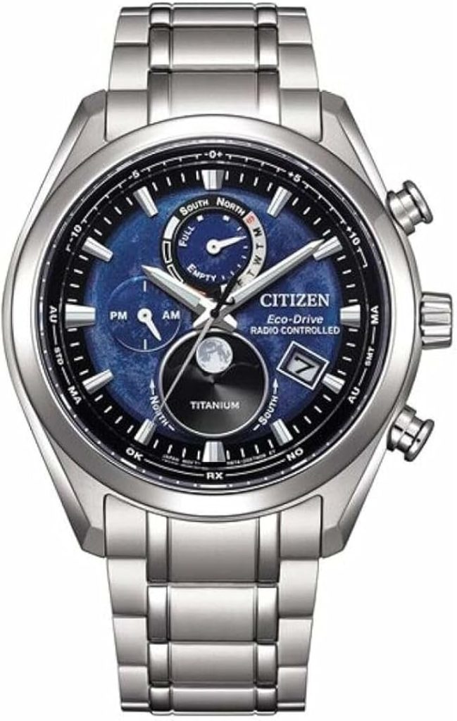 Die solarbetriebene Designer Uhr Citizen BY1010-81L Tsuki-yomi für Herren mit blauem Zifferblatt - Funkuhr