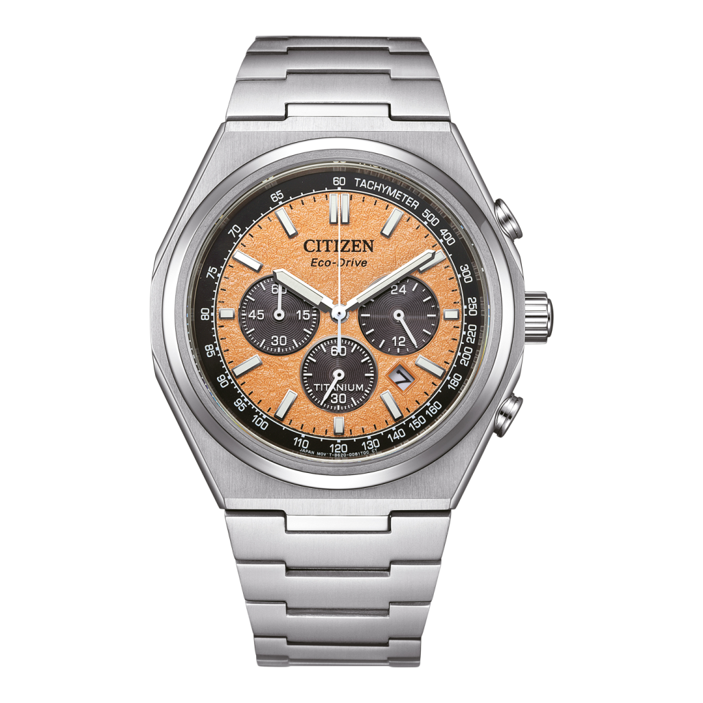 Die solarbetriebene Designer Uhr Citizen Eco-Drive CA4610-85Z Super Titanium™ für Herren mit orangenem Zifferblatt und drei Hilfszifferblättern