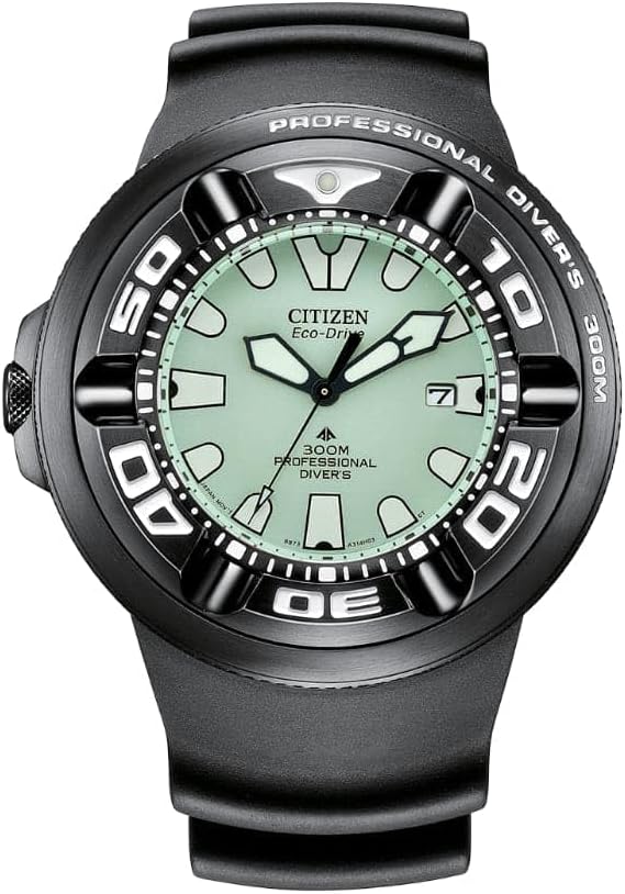 Die solarbetriebene Designer Uhr Citizen Promaster Professional Diver 300 BJ8055-04X für Herren mit grünem Zifferblatt 