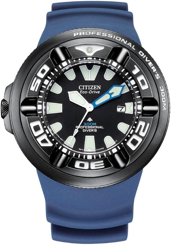 Die solarbetriebene Designer Uhr Citizen Promaster Professional Diver 300 BJ8055-04E für Herren mit blauem Armband und schwarzem Zifferblatt