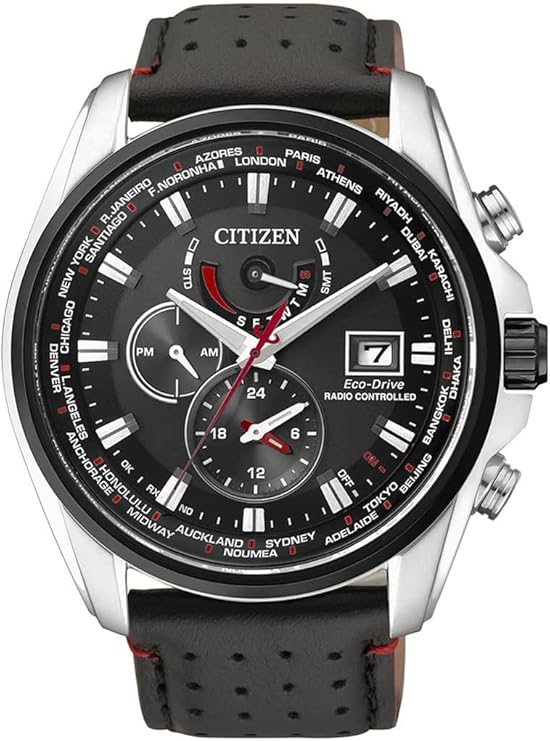 Die solarbetriebene Designer Uhr und Funkuhr Citizen Eco-Drive AT9036-08E mit schwarzem Zifferblatt und Lederarmband