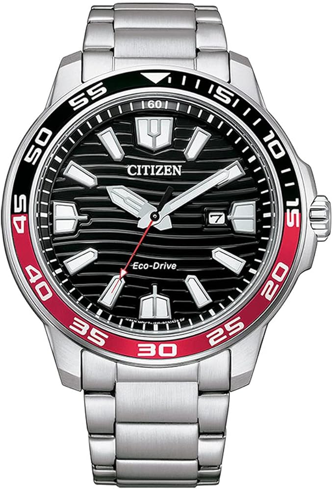 Die solarbetriebene Designer Uhr Citizen Eco-Drive AW1527-86E für Herren mit rot schwarzer Lünette