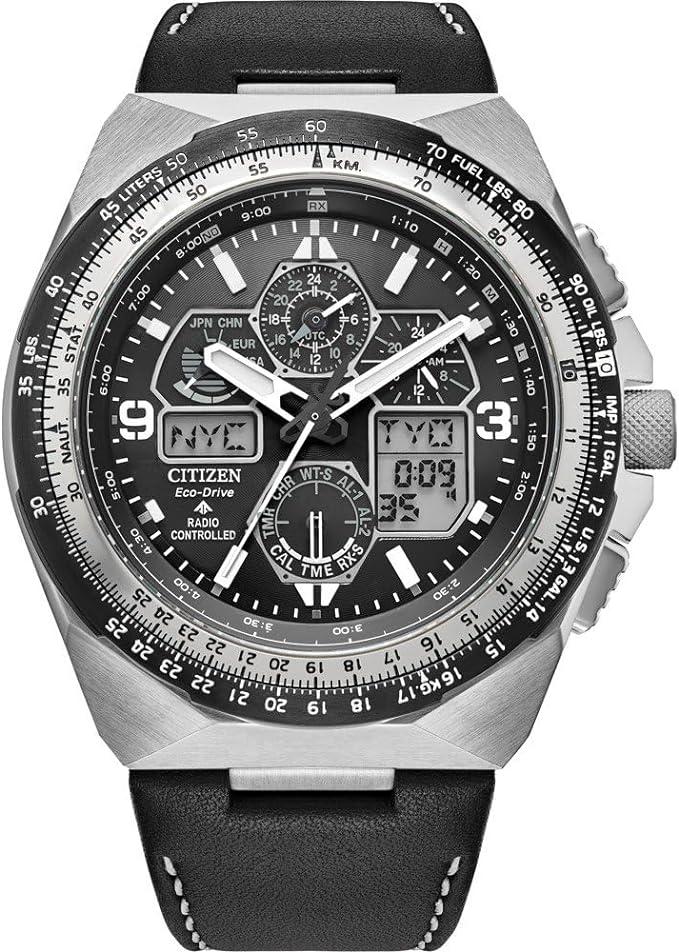 Die solarbetriebene Designer Uhr Citizen JY8149-05E Promaster Skyhawk für Herren - Funkuhr - schwarzes Zifferblatt und 5 Hilfszifferblätter