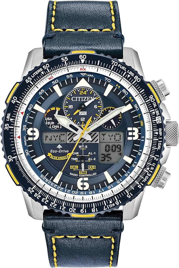 Die solarbetriebene Designer Uhr Citizen Promaster Skyhawk "Blue Angel" JY8078-01L für Herren mit blau gelben Zifferblatt