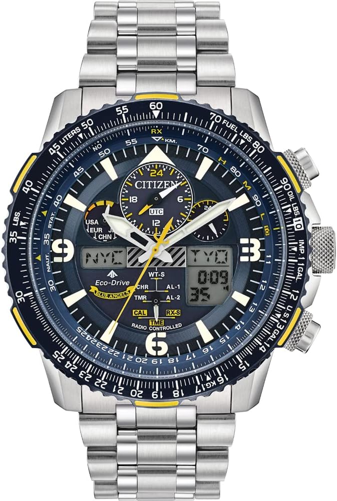 Die solarbetriebene Designer Uhr Citizen Promaster Skyhawk "Blue Angel" JY8078-52L für Herren mit gelben Farbsegmenten