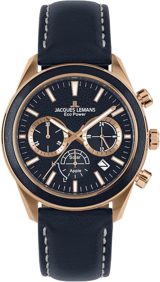 Die solarbetriebene Designer Uhr Jacques Lemans Eco-Power 1-2115E für Herren mit dunkelblauem Zifferblatt und rosé IP-Beschichtung