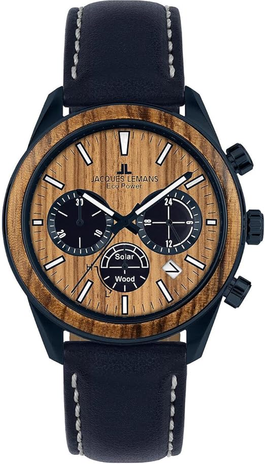 Die solarbetriebene Designer Uhr Jacques Lemans Eco-Power 1-2115N für Herren mit dunkelblauem Apfelleder-Armband und Holz im Gehäuse und Zifferblatt