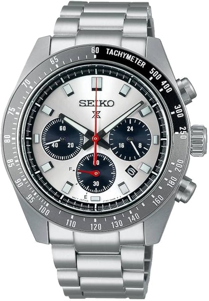 Die solarbetriebene Designer Uhr Seiko Prospex Speedtimer SSC911P1 für Herren mit silber-schwarzem Zifferblatt und drei Hilfszifferblättern