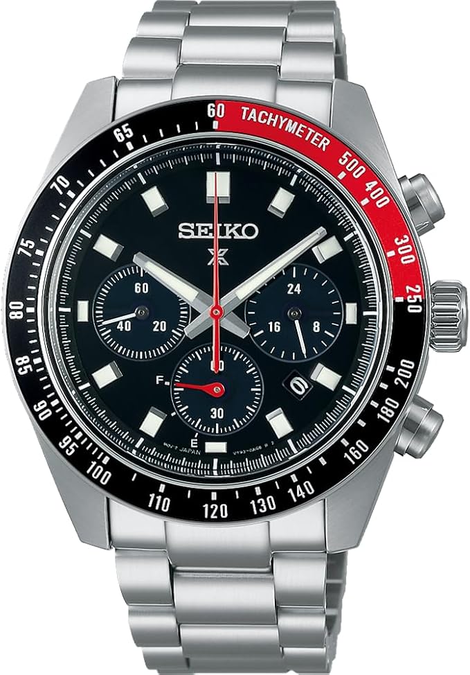 Die solarbetriebene Designer Uhr Seiko Prospex Speedtimer SSC915P1 für Herren mit rot-schwarzer Lünette und schwarzem Zifferblatt