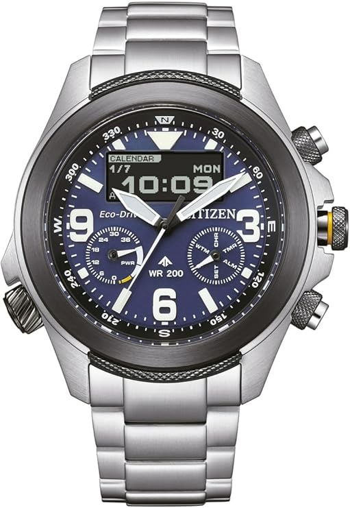 Die solarbetriebene Designer Uhr Citizen Promaster Eco-Drive JV1006-51L für Herren mit blauem Zifferblatt und zusätzlicher digitaler Zeitanzeige