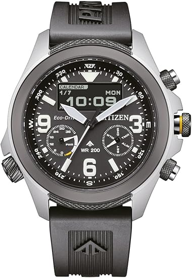 Die solarbetriebene Designer Uhr Citizen Promaster Eco-Drive JV1007-07E für Herren mit schwarzem Zifferblatt und zusätzlicher digitaler Zeitanzeige