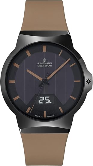 Die solarbetriebene Designer Uhr Junghans Mega Force mit Funk 018/1001.00 für Herren mit beigem Armband und schwarzem Zifferblatt