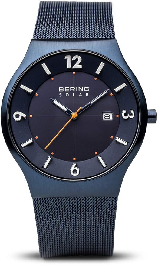 Die solarbetriebene Designer Uhr Bering SLIM SOLAR 14440-393 für Herren mit dunkelblauem Zifferblatt