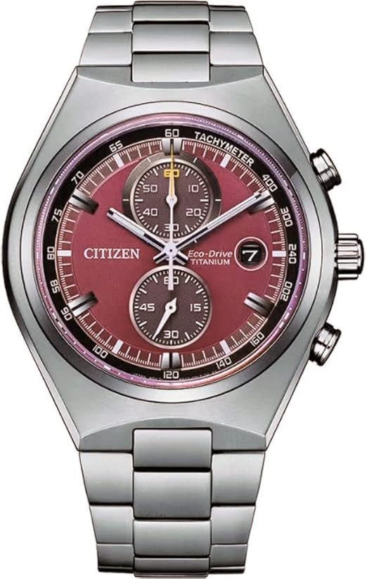 Die solarbetriebene Designer Uhr Citizen Eco-Drive Brycen Super Titanium™ CA7090-87X für Herren mit rotem Zifferblatt und zwei dunkelvioletten Hilfszifferblättern