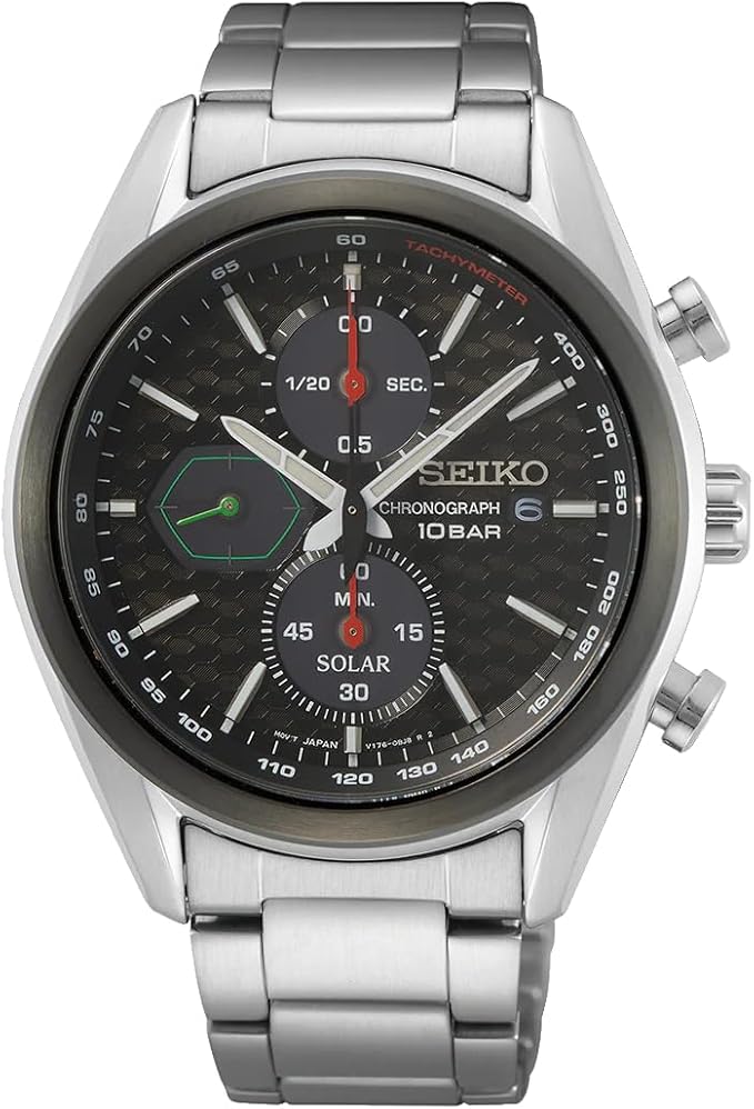 Die solarbetriebene Designer Uhr Seiko Macchina Sportiva SSC803P1 für Herren mit schwarzem Zifferblatt und drei Hilfszifferblättern