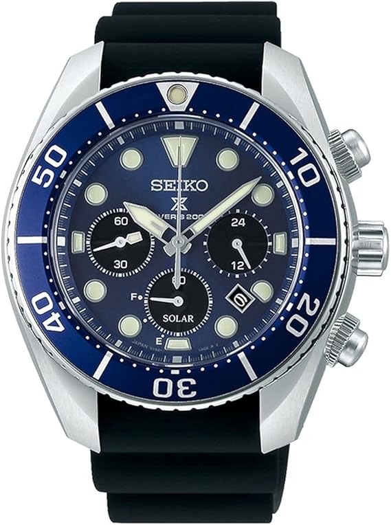 Die solarbetriebene Designer Uhr Seiko Prospex Divers Solar "Sumo" SSC759J1 für Herren mit blauem Zifferblatt und drei schwarzen Hilfszifferblättern