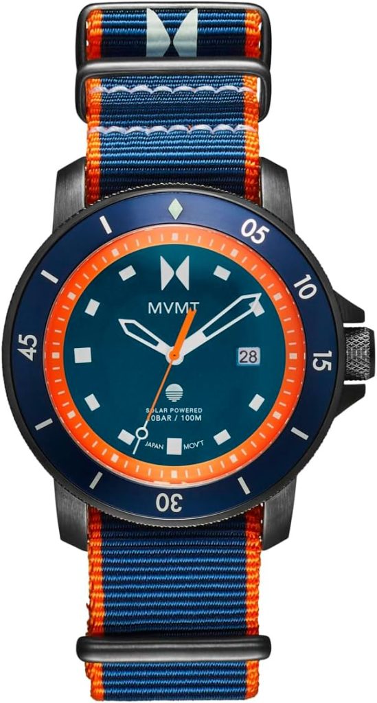 Die solarbetriebene Designer Uhr MVMT Cali Diver 28000393 für Herren mit blau orangenem Zofferblatt