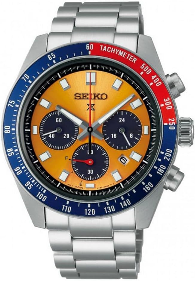 Die solarbetriebene Designer Uhr Seiko Prospex Speedtimer Pogue SSC947P1 für Herren mit gelb blauem Zifferblatt