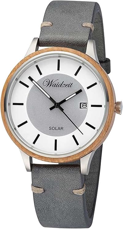 Die solarbetriebene Designer Uhr Waidzeit SLB02 Barrique für Herren mit grauweißem Zifferblatt