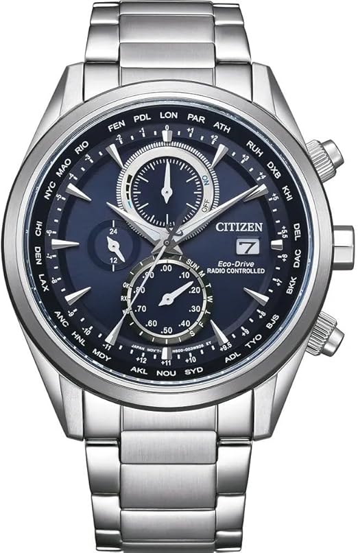 Die solarbetriebene Designer Uhr Citizen Eco-Drive AT8260-85L mit Funk für Herren mit blauem Zifferblatt