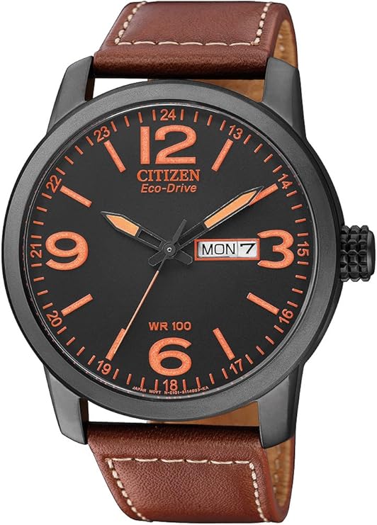 Die solarbetriebene Designer Uhr Citizen Eco-Drive BM8476-07EE für Herren mit schwarzem Zifferblatt und orangen Ziffern