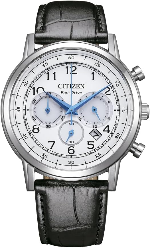 Die solarbetriebene Designer Uhr Citizen Eco-Drive Chrono Classic CA4630-02A für Herren mit weißem Zifferblatt und hellblauen Zeigern