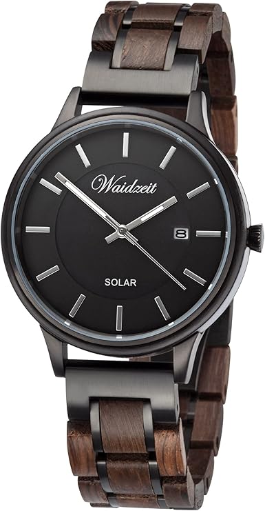 Die solarbetriebene Designer Uhr Waidzeit Mystic SLE02W für Herren mit schwarzem Zifferblatt