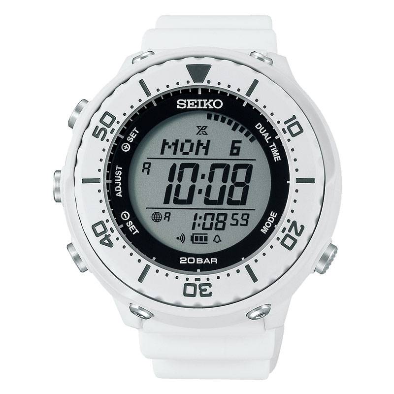 Die solarbetriebene Designer Uhr Seiko Prospex Lowercase SBEP011 für Herren in weiß