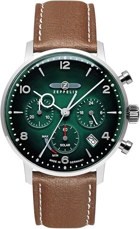 Die solarbetriebene Designer Uhr Zeppelin Hindenburg LZ129 8086-4_n für Herren mit dunkelgrünem Zifferblatt