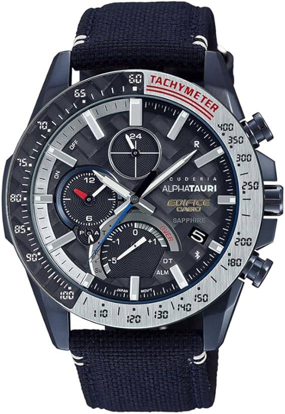 Die solarbetriebene Designer Uhr Casio Edifice Scuderia AlphaTauri EQB-1000AT-1AER für Herren mit blauem Zifferblatt