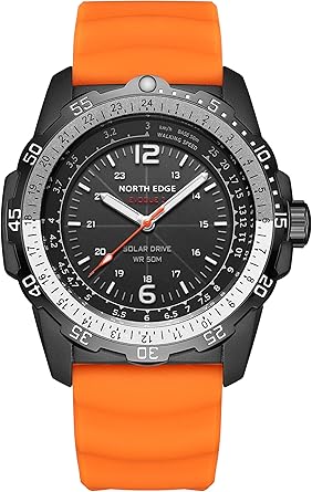 Die solarbetriebene Designer Uhr NORTH EDGE Evoque 2 für Herren mit orangem Armband