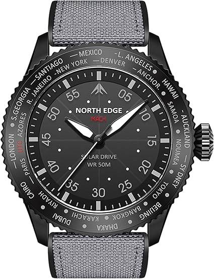 Die solarbetriebene Designer Uhr NORTH EDGE MACH für Herren - Kaufberatung mit schwarzem Zifferblatt