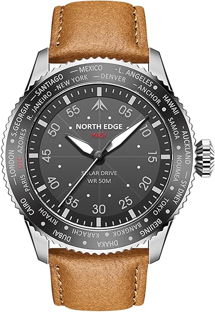 Die solarbetriebene Designer Uhr NORTH EDGE MACH mit Lederarmband für Herren mit braunem Lederarmband