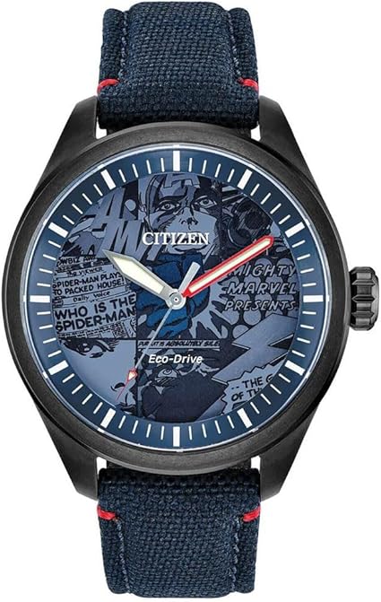 Die solarbetriebene Designer Uhr Citizen Marvel Heroes AW2037-04W für Herren mit blauem Zifferblatt