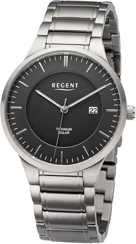 Die solarbetriebene Designer Uhr Regent BA-709 für Herren mit schwarzem Zifferblatt