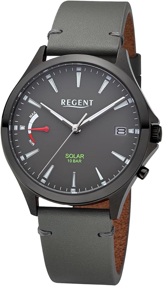 Die solarbetriebene Designer Uhr Regent F-1551 für Herren mit dunkelgrauem Zifferblatt