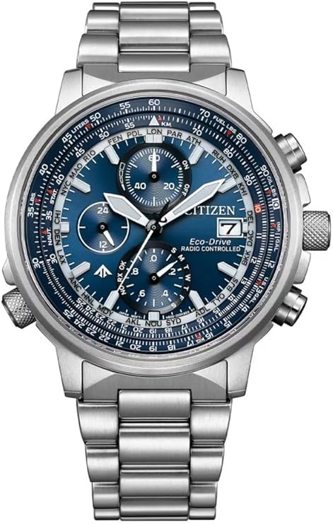 Die solarbetriebene Designer Uhr Citizen Promaster Sky AT8300-58L mit Funk für Herren mit blauem Zifferblatt