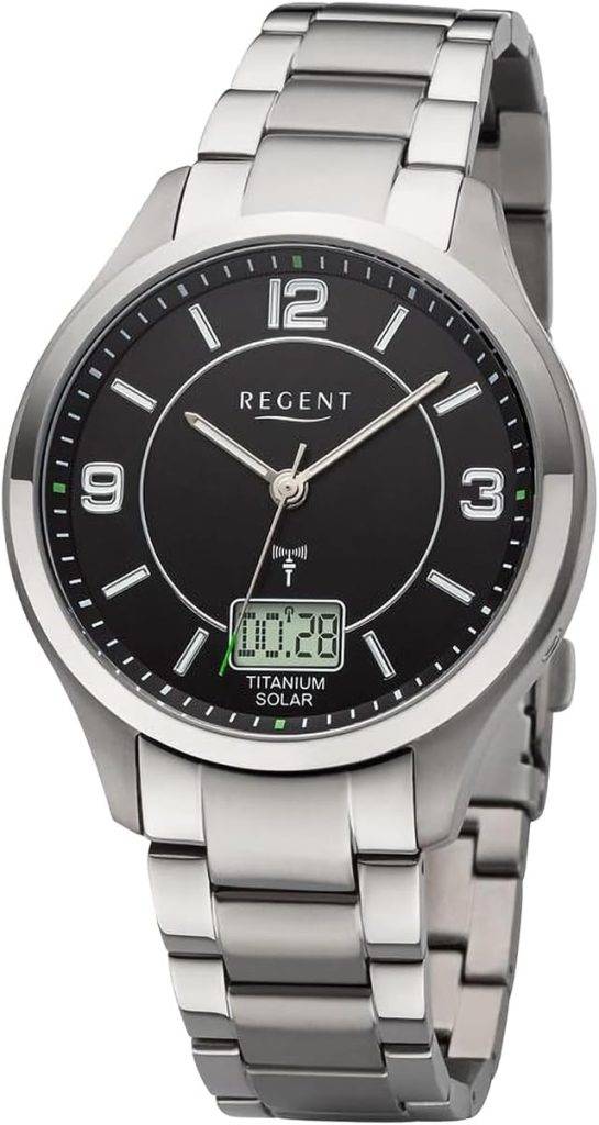 Die solarbetriebene Designer Uhr Regent BA-715 mit Funk für Herren mit schwarzem Zifferblatt