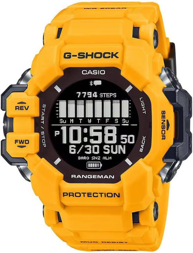 Die solarbetriebene Designer Uhr Casio G-SHOCK Master of G Rangeman GPR-H1000-9ER für Herren mit gelbem Armband
