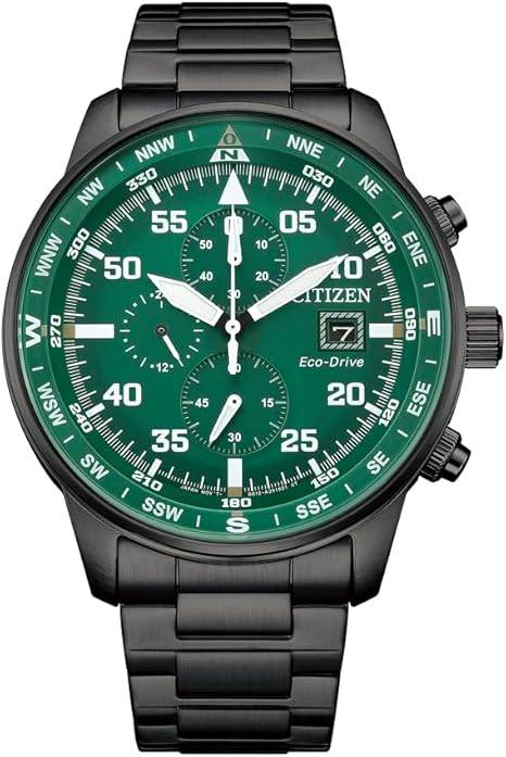 Die solarbetriebene Designer Uhr Citizen Aviator Crono CA0885-54X für Herren mit grünem Zifferblatt