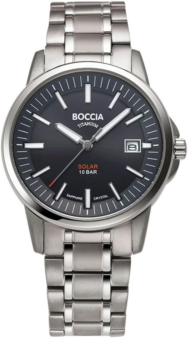Die solarbetriebene Designer Uhr BOCCIA Titanium 3643-04 für Herren mit schwarzem Zifferblatt