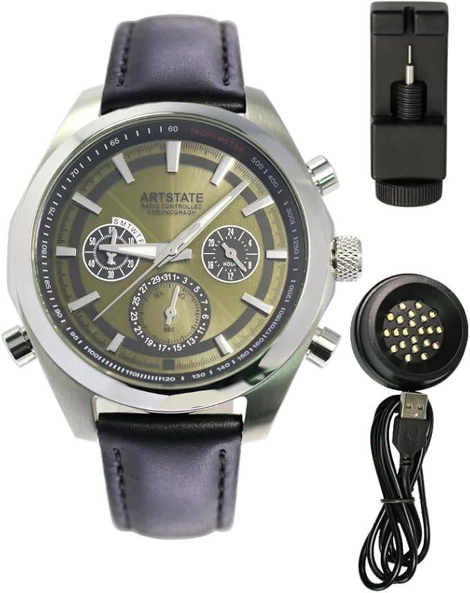 Die solarbetriebene Designer Uhr Artstate AS1681 für Herren mit olivgrünem Zifferblatt