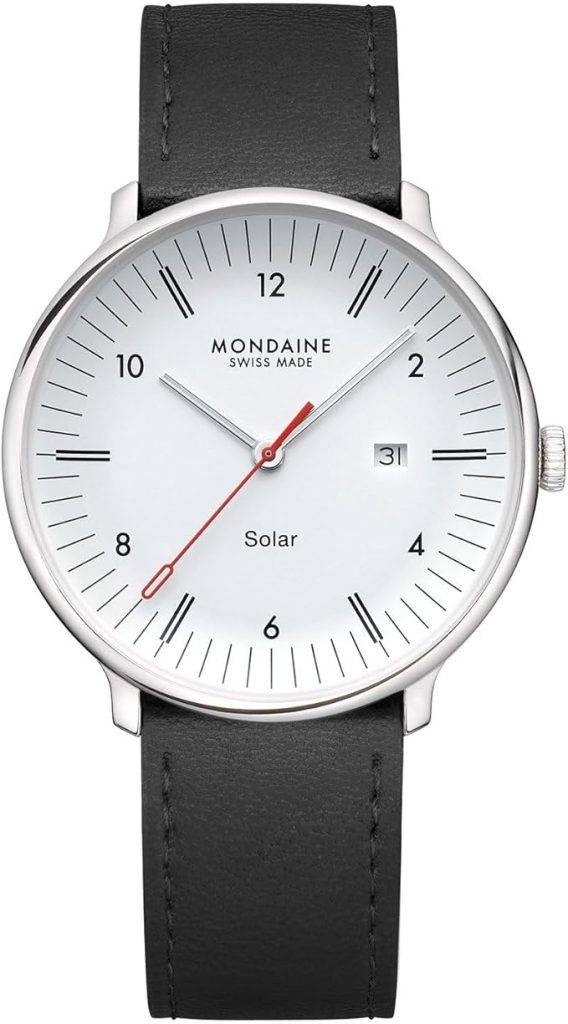 Die solarbetriebene Designer Uhr Mondaine Doppio Solar MLE.41910.LBV für Herren mit weißem Zifferblatt