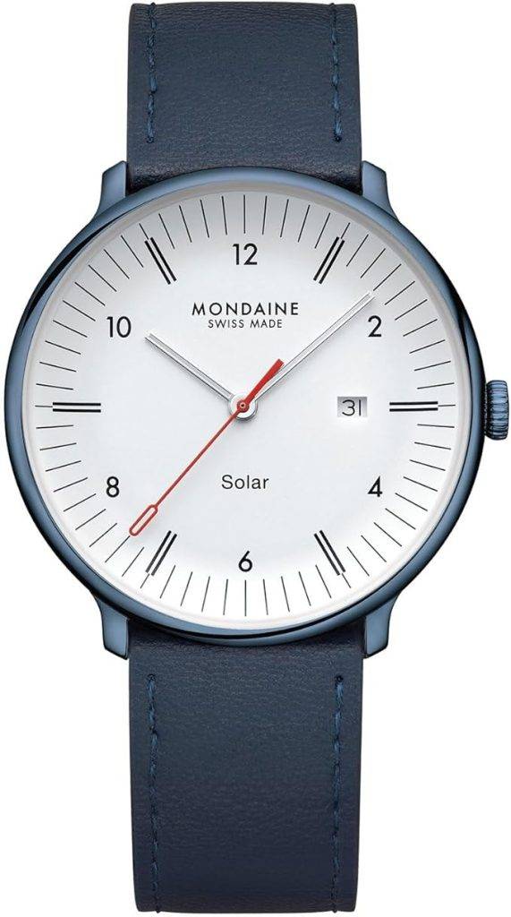 Die solarbetriebene Designer Uhr Mondaine Doppio Solar MLE.41910.LQV für Herren mit weißem Zifferblatt