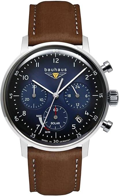 Die solarbetriebene Designer Uhr Bauhaus Dessau 2086-3 für Herren mit dunkelblauem Zifferblatt 