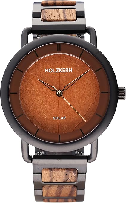 Die solarbetriebene Designer Uhr Holzkern Lauri Zebrano für Herren mit braunem Zifferblatt