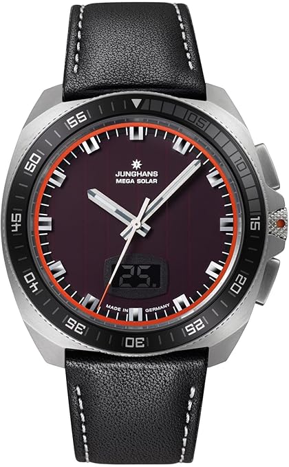 Die solarbetriebene Designer Uhr Junghans 1972 Mega Solar 56/4610.00 für Herren mit schwarzem Zifferblatt