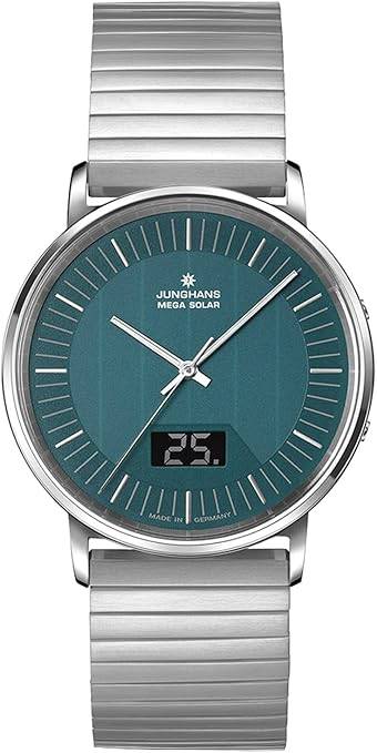 Die solarbetriebene Designer Uhr Junghans Milano Mega Solar 56/4621.44 für Herren mit blaugrünem Zifferblatt