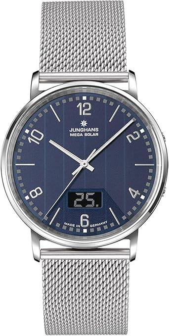 Die solarbetriebene Designer Uhr Junghans Milano Mega Solar 56/4629.44 für Herren mit blauem Zifferblatt