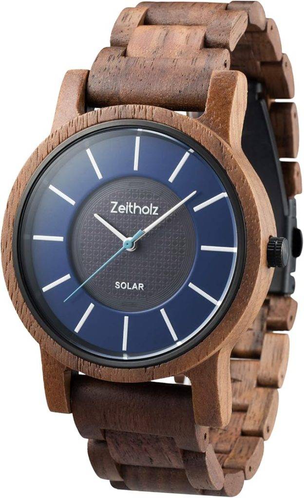 Die solarbetriebene Designer Uhr Zeitholz Sonnenberg Walnuss für Herren mit blau-braunem Zifferblatt